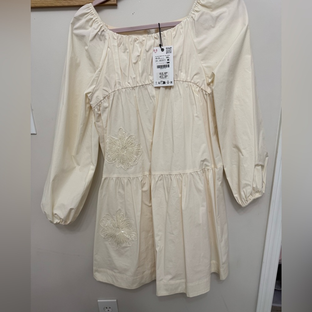 Zara poplin flower beige Long Sleeve Dress with Floral Embroidery 13-14